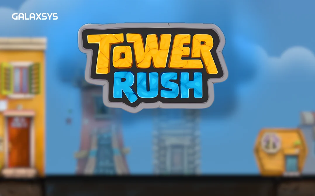 Tower Rush da Galaxsys: a torre colorida a ser construída piso a piso sobre o horizonte noturno