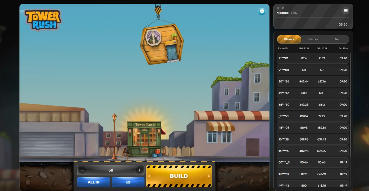 Jogabilidade do Tower Rush: a torre com os pisos empilhados, o multiplicador e os botões Cashout e Build